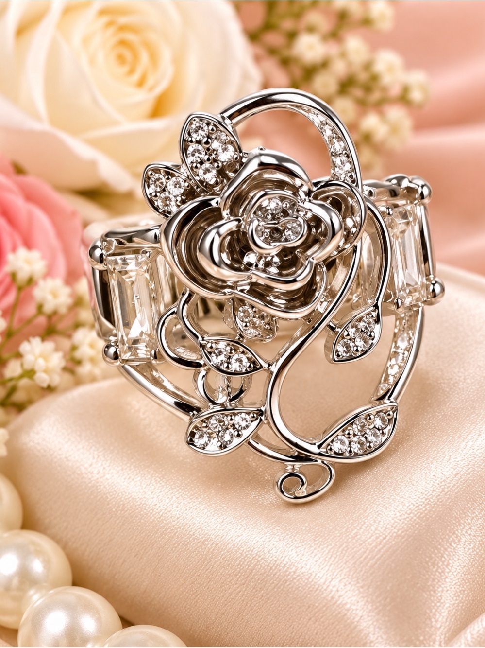 paparazzi Silver Floral Rose Statement Ring with Clear Crystals